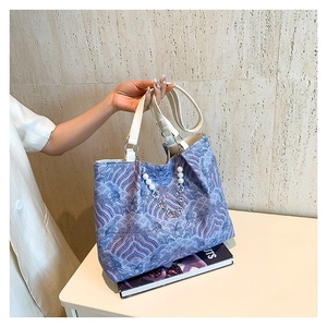 Women Chinese Style Jacquard Tote Bag Elegant Antique Embroidery Water Ripple Fabric Shoulder Bag With Artificial Pearl Decoration Large Handbag