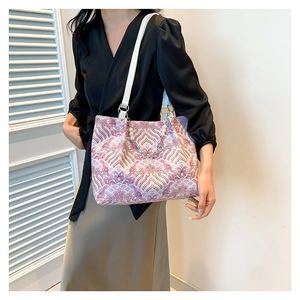 Elegant Chinese style wave print tote bag with bamboo handle and pearl chain strap