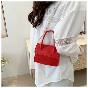 Mini red litchi texture flap bag with gold chain strap carried by a woman