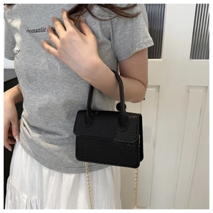 Mini black litchi texture flap crossbody bag with gold chain strap shown on model