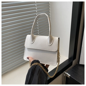 Gros plan du mini sac blanc texturé litchi avec sa bandoulière en chaîne dorée