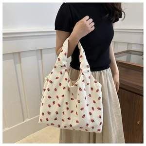 Floral corduroy tote bag with strawberry print and large capacity for casual women style