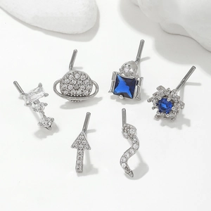 6-piece titanium steel nose stud set with blue zircon stars and geometric shapes