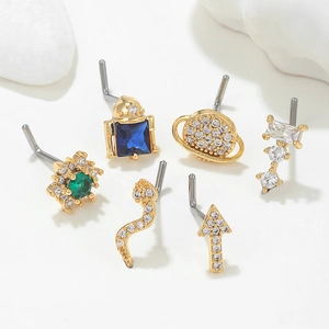 L-shaped gold titanium steel nose studs set featuring blue and green zircon stones