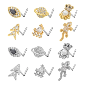 Set of 12 L-shaped stainless steel nose studs with animal and geometric zircon designs