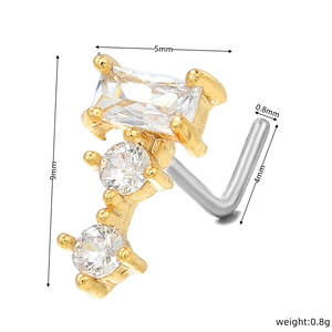 L-shaped titanium steel nose stud dimensions showing 9mm length and zircon inlay