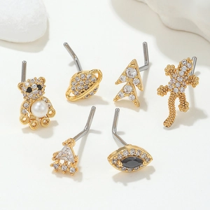 6-piece L-shaped nose stud set with gold-plated animal and geometric zircon designs