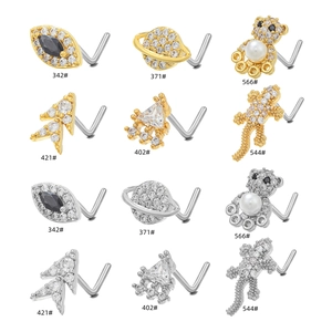 Variety of stainless steel L-shaped nose studs with zirconia animal and geometric designs