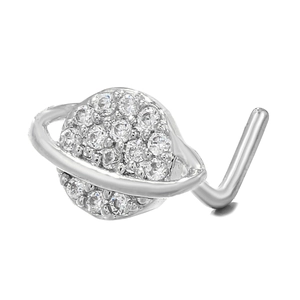 Detailed view of silver Saturn nose stud with micro-pave zircons and L-shaped bar