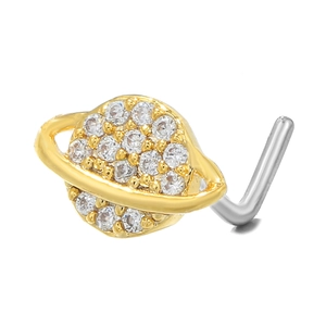 Macro view of gold Saturn nose stud with micro-paved zircons on an L-shaped steel post