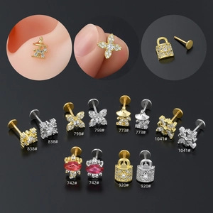 Vintage Stainless Steel Rod Copper Zirconia Butterfly Flower Lock Flat Back Stud Earrings For Women Piercing Body Jewelry