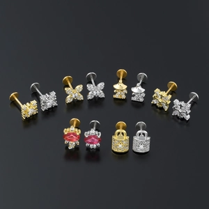 Flat back stainless steel stud earrings set with zircon butterfly and crown designs