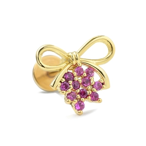 Golden butterfly stud earring with pink zircon cluster in a flat back piercing style