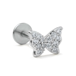 Macro view of butterfly piercing stud with zircon pave and flat back base