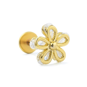 Detail of a gold flower labret stud with pavé-set sparkling crystals and flat back