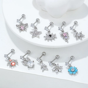 Variety set of stainless steel cartilage studs featuring butterfly and star zircon charms