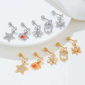 Stainless steel cartilage earrings set featuring stars, spiders and floral zirconia charms