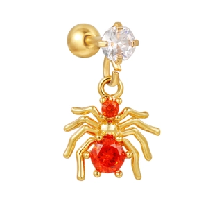 Gold spider stud earring with sparkling red and white zircon stones in minimalist design