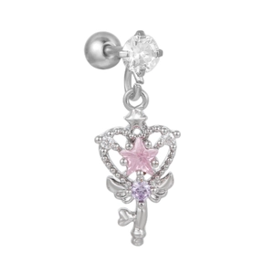 Macro detail of heart scepter earring with pink star zircon and purple crystal