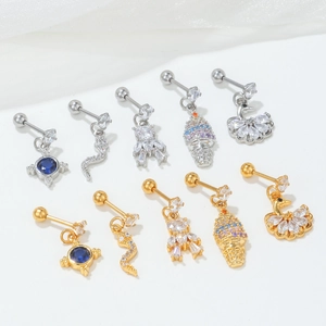 Set di 10 orecchini a perno con zirconi, forme a serpente e cigno in oro e argento