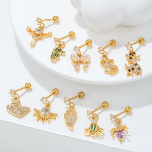 Minimalist gold stud earrings set featuring zircon inlays and diverse animal motifs