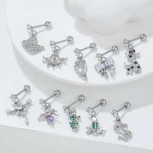 Silver stud earrings set with zircon pendants like swan, butterfly and moon shapes