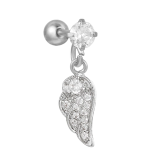 Detailed view of silver helix piercing with sparkling zircon angel wing pendant design