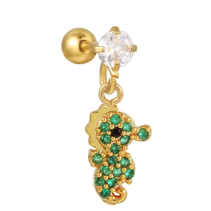 Detail of seahorse pendant earring with micro-set green zircons and gold plating