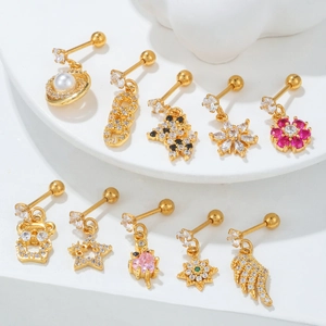 Pendientes de Botón de Cobre y Circonita con Poste de Acero Inoxidable Para Mujer Colgante de Perro Estrella Copo de Nieve