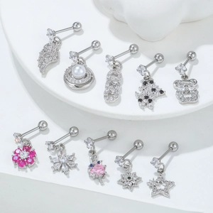 Set de 10 piercings de acero inoxidable con circonitas de colores y dijes de perlas