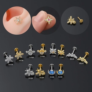 Stainless Steel Bar Labret Studs Flat Back Earrings For Women Brass 18K Gold Plated Zirconia Opal Bee Star Moon Body Jewelry