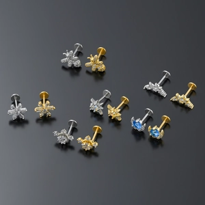 Surgical stainless steel flat back labret studs with zircon bee and flower designs