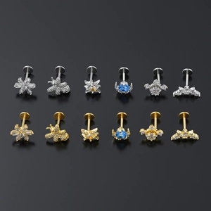 Set of 12 stainless steel labret studs with zircon insects and stars in gold and silver