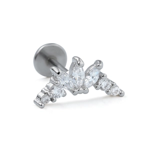 Macro shot of crown-shaped ear stud with zircon marquise crystals and flat back