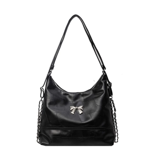 Versatile black PU leather hobo bucket bag with silver bow detail and chain straps