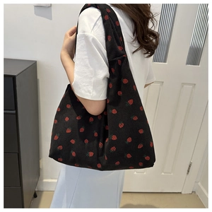 Black corduroy tote bag with red strawberry print for women, large capacity shoulder bag