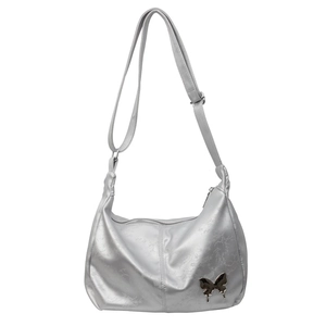 Sac bandoulière en similicuir argenté avec gaufrage floral et papillon métallique
