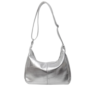 Silver metallic patchwork hobo tote bag with adjustable strap and textured leather finish
