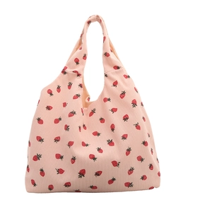 Pink corduroy tote bag with red strawberry print for daily casual shopping use