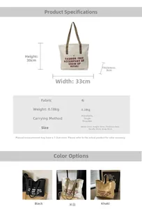 Detailed size chart and specifications for the large capacity canvas tote bucket bag