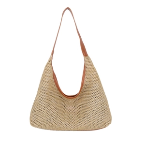 Vintage woven straw shoulder bag with brown leather trim for women summer vacation