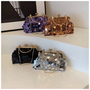 Sparkling sequin evening clutch bag with metal chain in purple gold black and silver