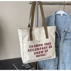 Women Vintage Canvas Tote Bag Large Capacity Letter Print Casual Shoulder Bag College Canvas Handbag For Commuting Daily School