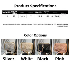 Size chart showing 22cm width quilted chain bag with silver, white, black and pink options