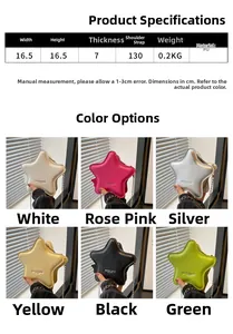 Detailed size chart for star-shaped crossbody bags in various colors with measurements