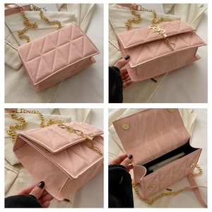 Detailed views of pink quilted leather crossbody bag with gold chain and fringe tassel