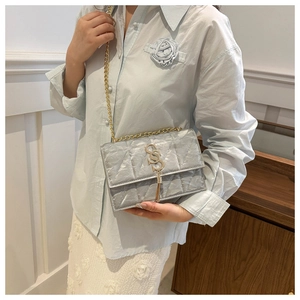 Detail of silver textured crossbody bag featuring gold GS logo and fringe tassel chain
