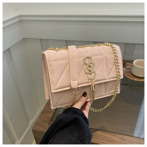 Close-up of pink quilted crossbody bag with gold chain and SS logo tassel detail
