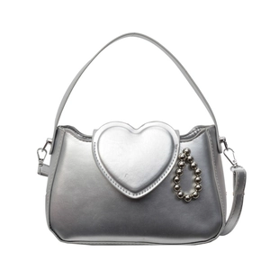Chic silver metallic handbag featuring a 3D heart detail and beaded chain strap