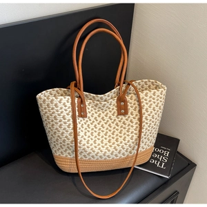 Retro-Webtasche mit V-Muster, Farblock-Design und braunen Ledergriffen für Damen